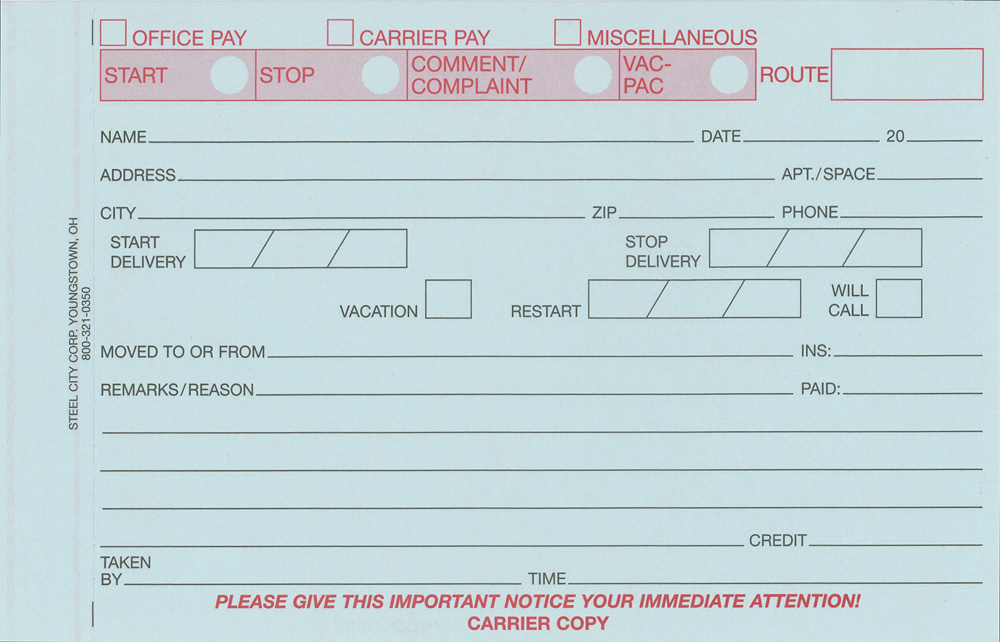 Three-Part Stop/Start NCR Form